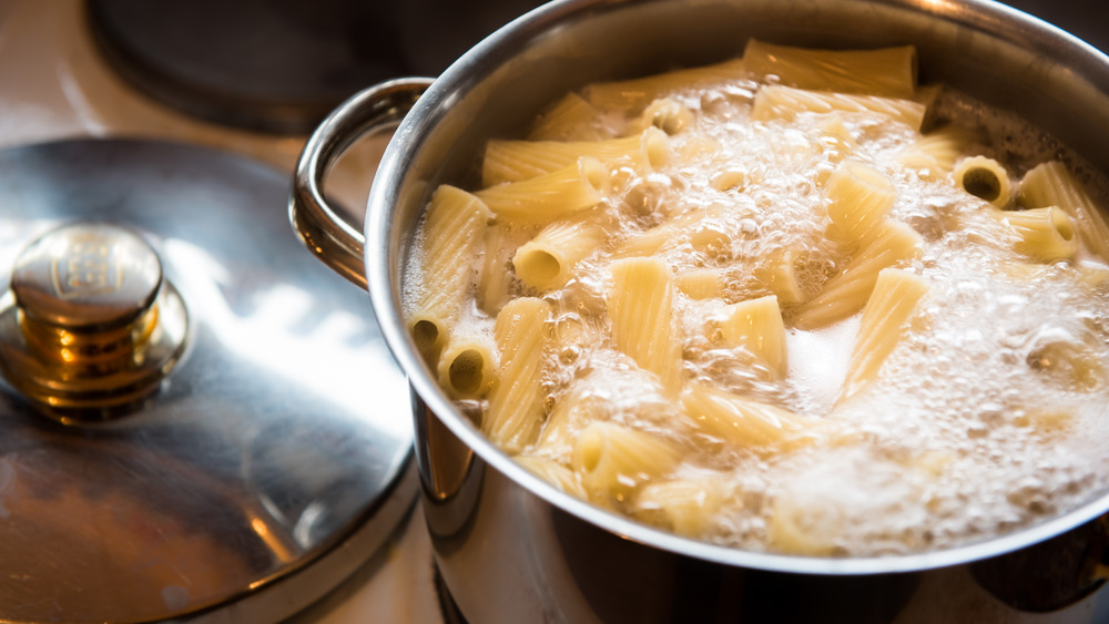 Pasta in pot of boiled water