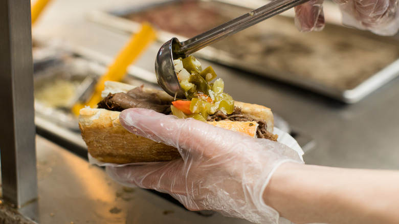 Giardiniera added to Italian beef sandwich 