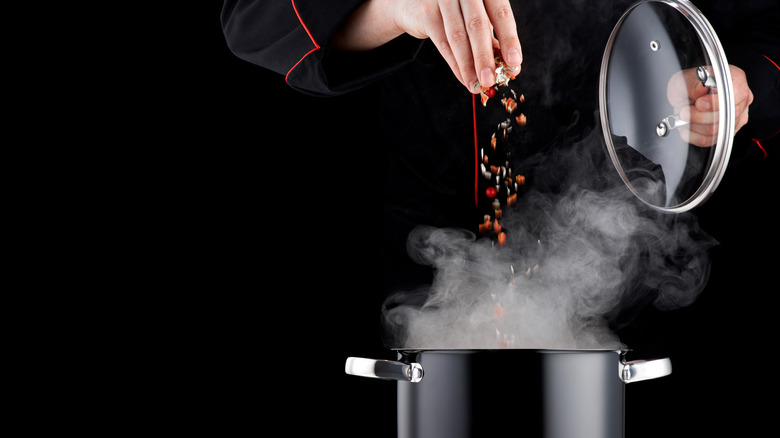 Hand sprinkling spices over a pot