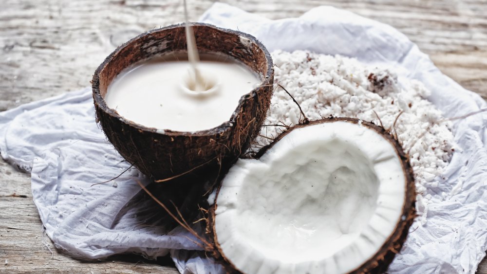 coconut milk in a coconut bowl