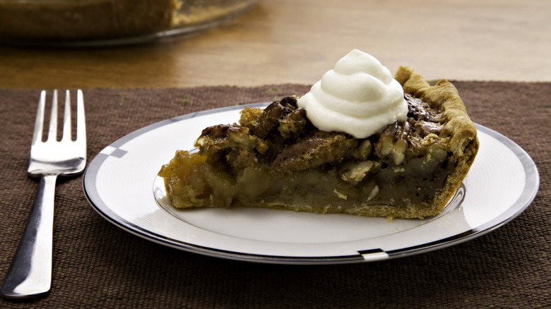 Slice of pecan pie on plate