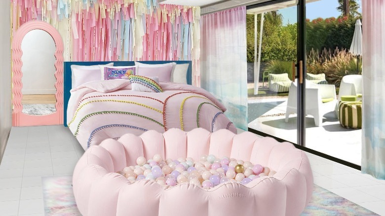 a room at the Hi-Chew fantasy house with pastel bedding and a ball pit