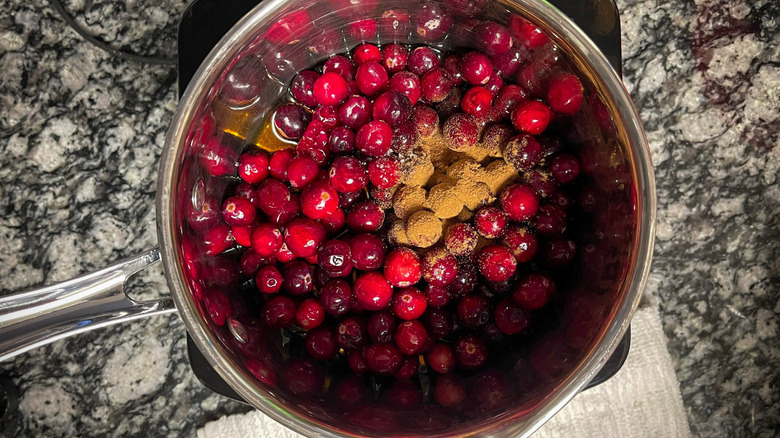 cranberries and seasonings in a metal pot