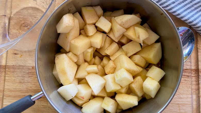 chopped apples in a pot