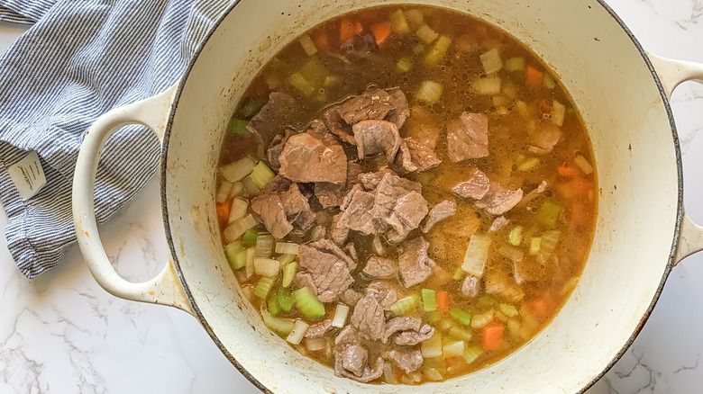 vegetables, beef, and broth