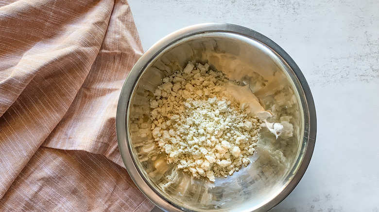 blue cheese crumbles in bowl