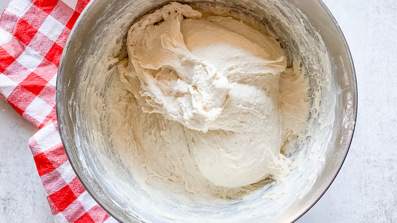 kneaded bread dough in bowl