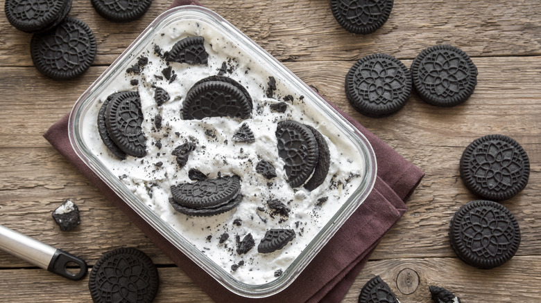 oreo dip in glass container with whole oreos