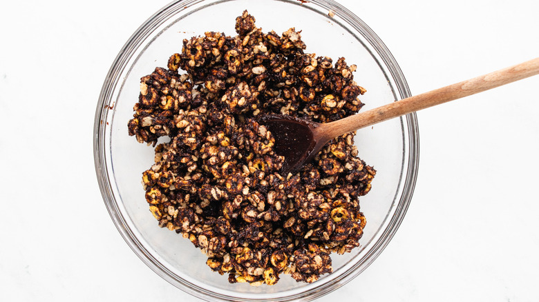 Chocolatey cereal mixture in glass bowl