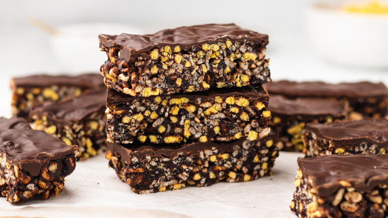 Stack of chocolate peanut butter cereal bars