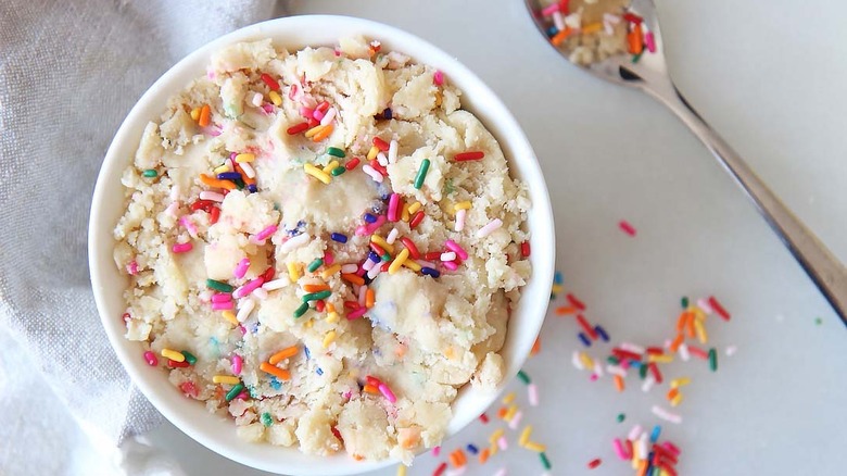 cookie dough in bowl, sprinkles