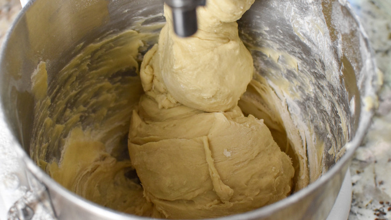 doughnut dough in mixer bowl