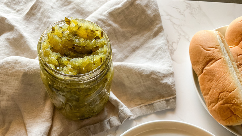 Homemade hot dog relish in a jar