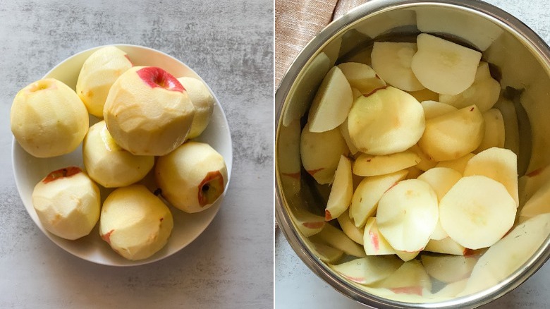 peeled and sliced apples in bowls