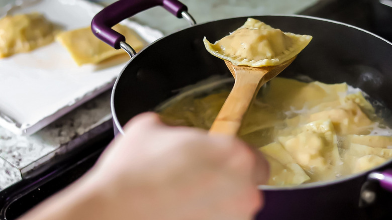 lobster ravioli in boiling water