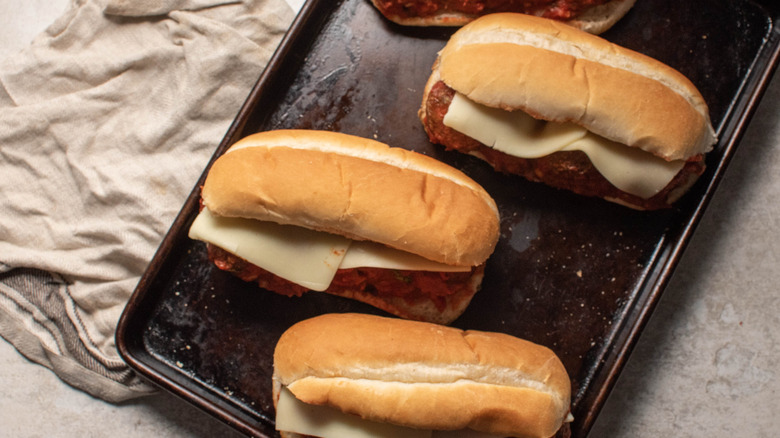 meatball subs on baking sheet 