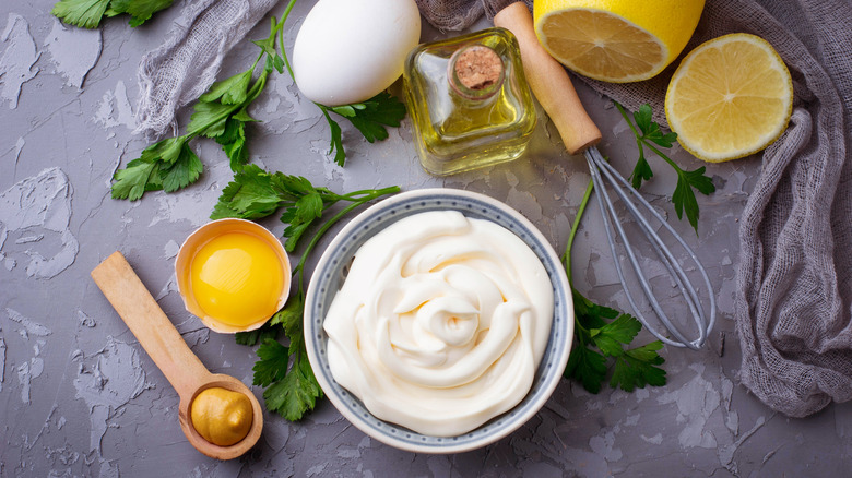 Homemade mayo ingredients on countertop