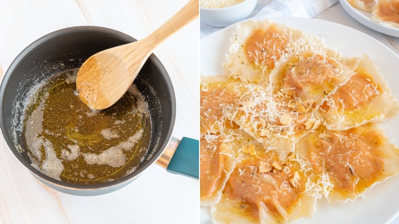 garnishing pumpkin ravioli