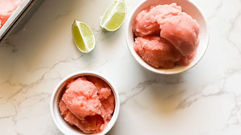 Two bowls filled with watermelon sorbet