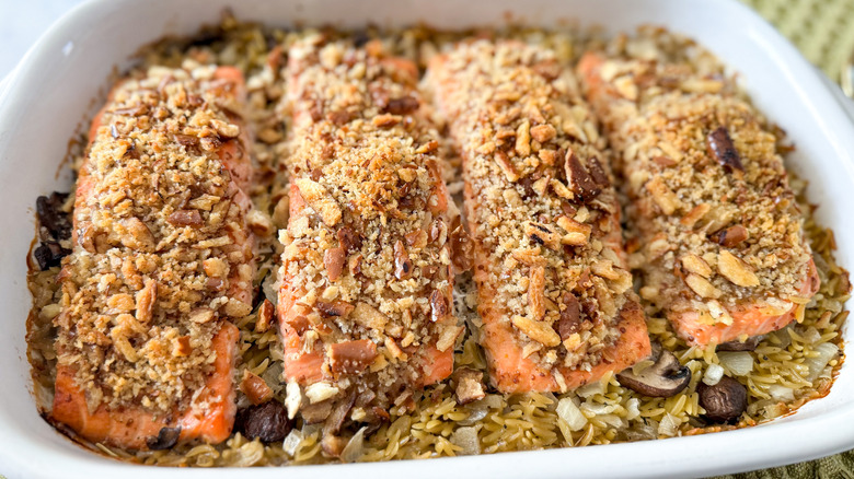 honey mustard salmon orzo dish