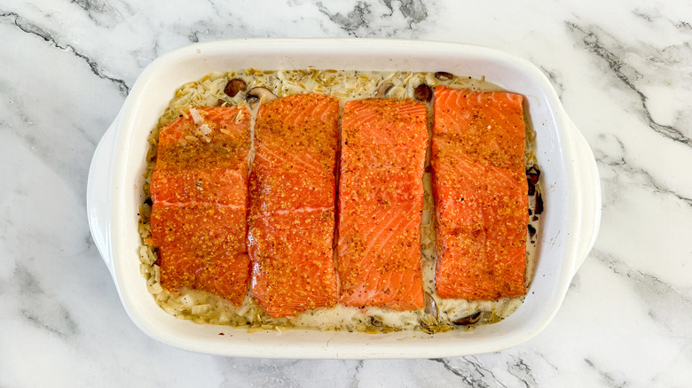 salmon fillets on orzo bake