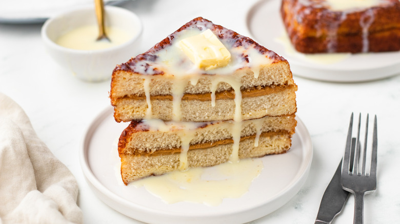 Stack of sliced Hong Kong-style stuffed French toast on plate