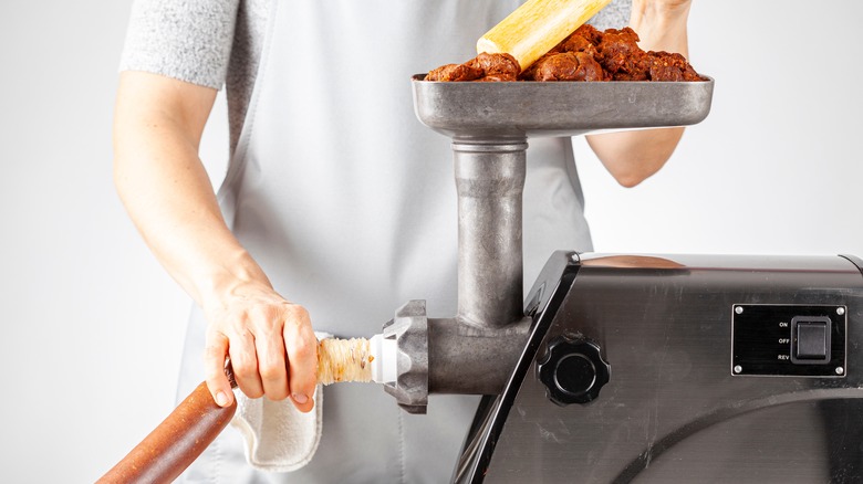 hot dog casing in meat grinder