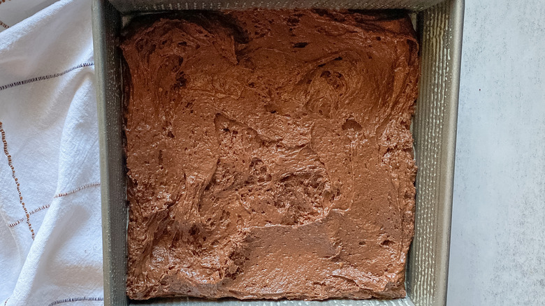 chocolate batter in baking dish