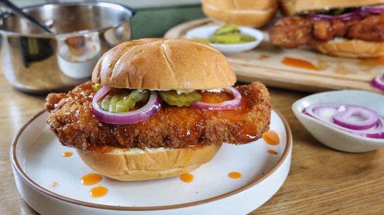 hot honey fried pork tenderloin sandwich