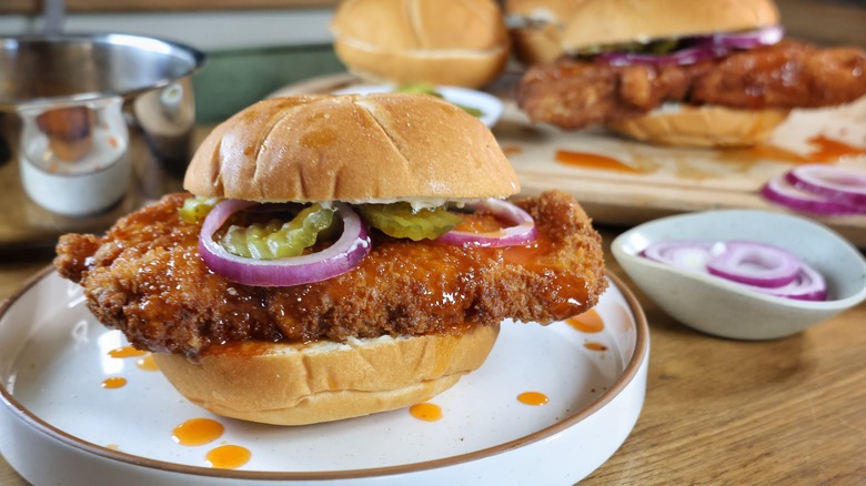 hot honey fried pork tenderloin sandwich