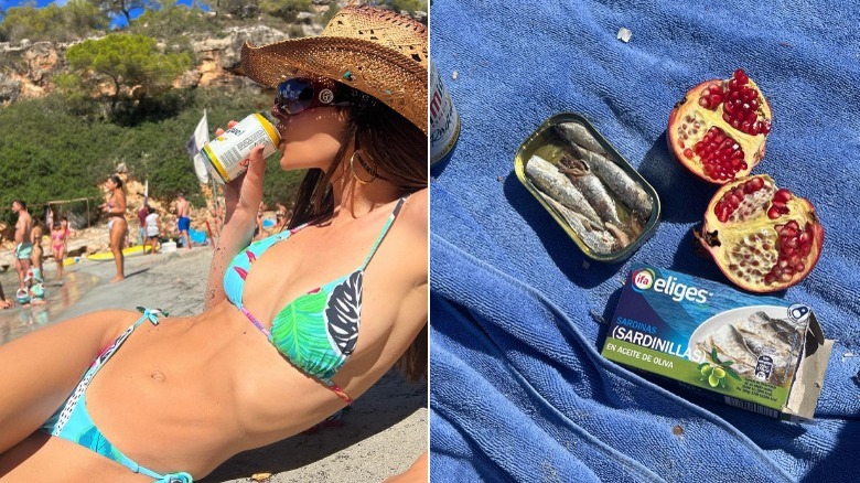Emily Ratajkowski drinking beer on beach