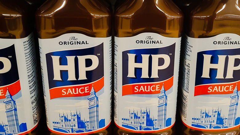 Row of H.P. Sauce bottles