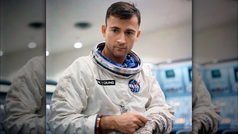 Astronaut John Young looking pensive