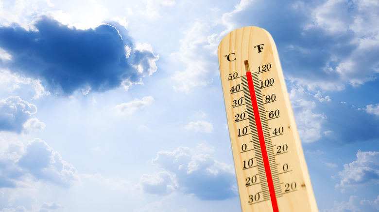 An outdoor thermometer against a cloudy sky