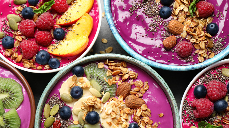 different varieties of açaí bowls