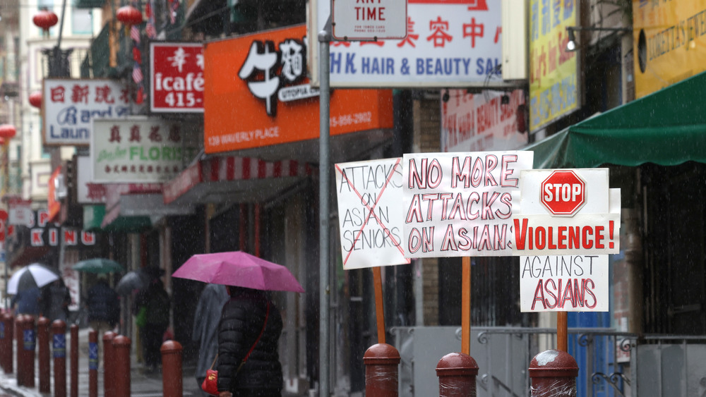 Signs against violence in Chinatown