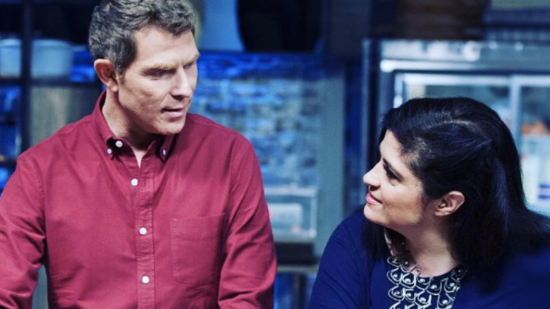 Bobby Flay and Alex Guarnaschelli on set 