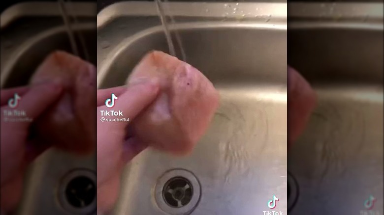 Raw chicken breast in sink