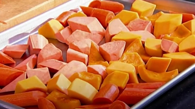 chunky chopped vegetables on sheet pan