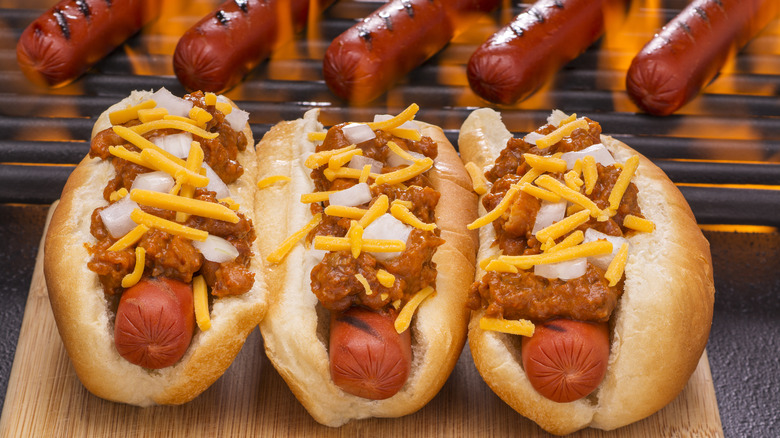 Chili dogs with cheese and onions