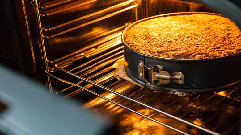 cake baking in oven