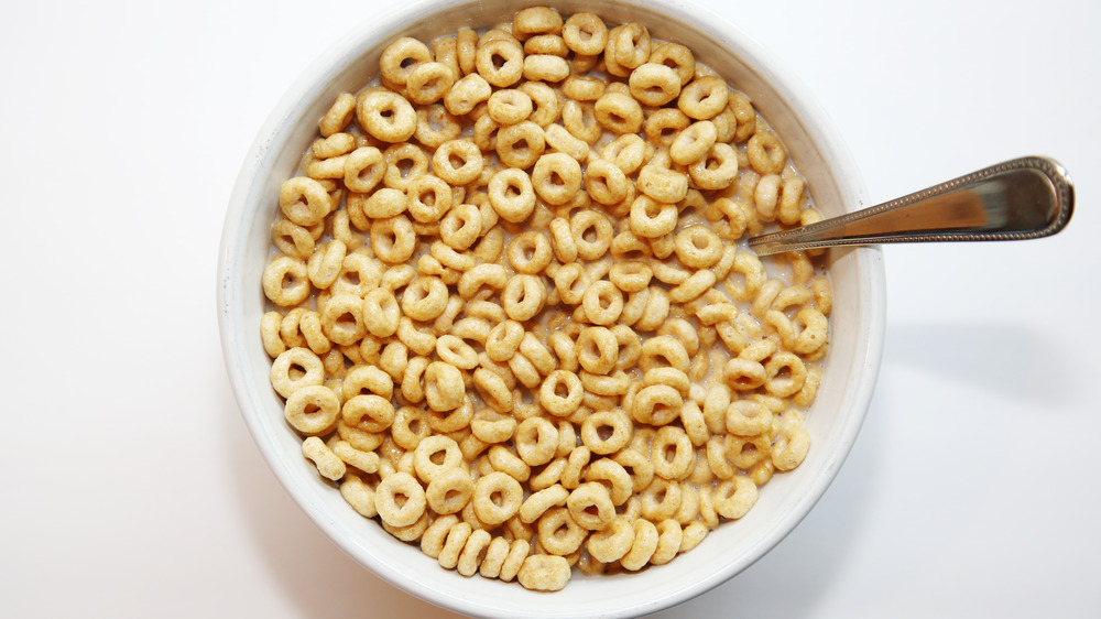 Cheerios in a bowl with milk