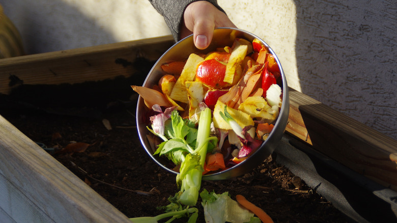 Fruit and vegetables being dumped in compost