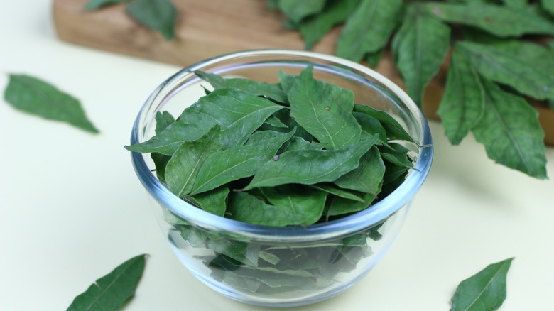 Small glass bowl of curry leaves