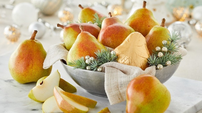 pears in a holiday bowl