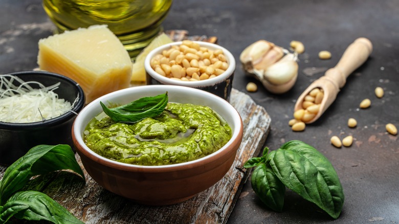 Bowl of pesto and ingredients