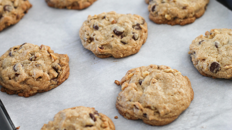 Chocolate chip cookies on parchment