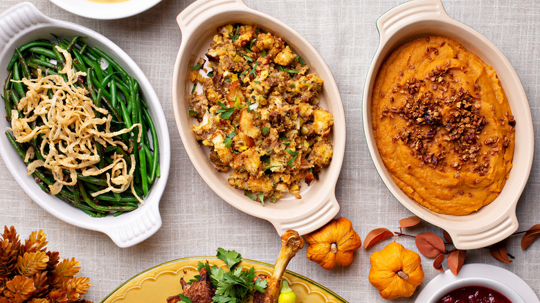 Green bean casserole, stuffing, and sweet potatoes