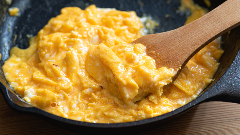 Scrambled eggs in cast iron skillet