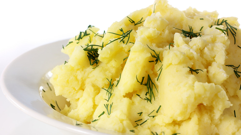 Mashed potatoes in a white dish